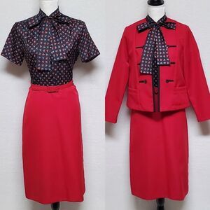 Lady Carol Vintage 70s Red Paisley Lavallière Shift Dress Open Front Jacket Belt